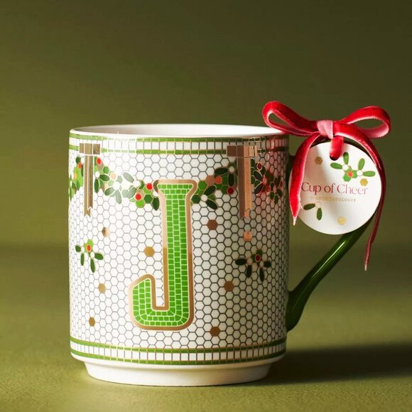 Anthropologie Festive Bistro Tile Stoneware Monogram Mug Letter J Paris Cafe New - Picture 3 of 7